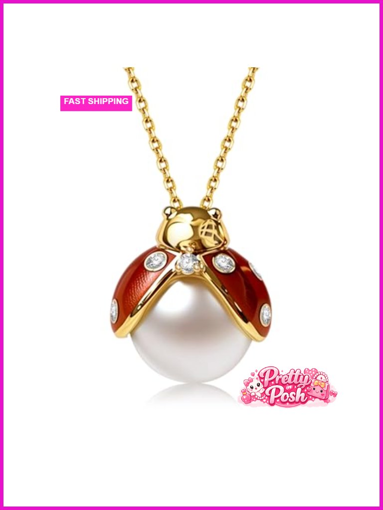 Genuine Freshwater Pearl Ladybug Pendant Necklace, 18k Gold Plated, 18 Inch